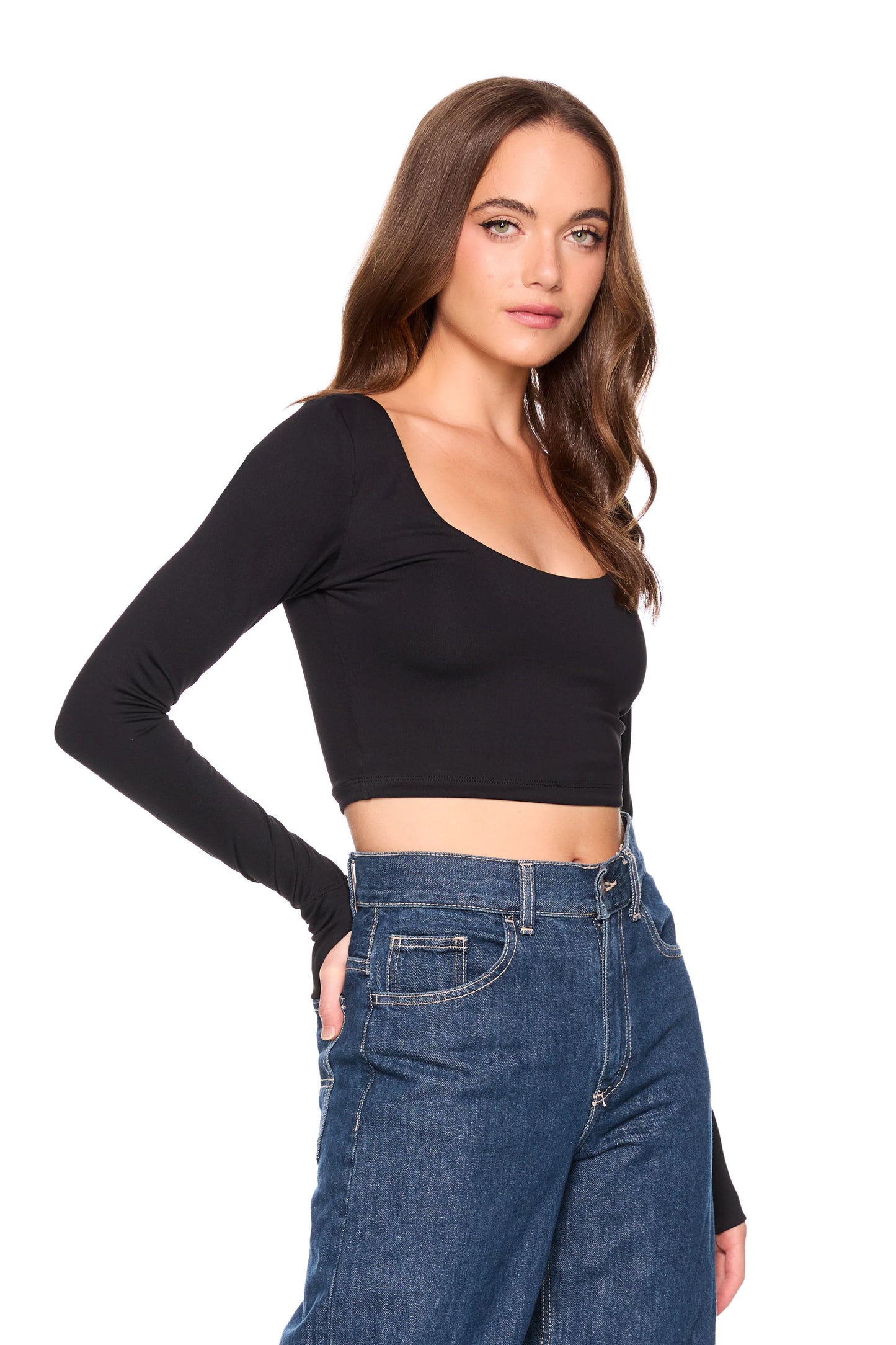 Susana Monaco Scoop Front Thumb Hole Long Sleeve Top