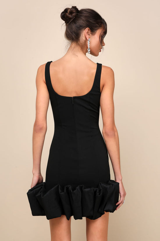 Back view of the Essentially Flirty Black 3D Ruffle Hem Bodycon Mini Dress by Lulus, sold at Harbour Thread