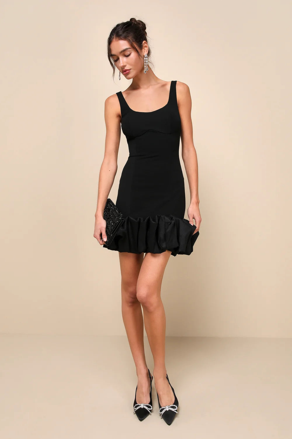 Front view of the Essentially Flirty Black 3D Ruffle Hem Bodycon Mini Dress by Lulus, sold at Harbour Thread