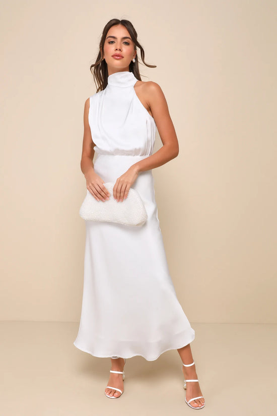 Front view of the Distinctive Charm White Satin Asymmetrical Midi Dress by Lulus, sold at Harbour Thread