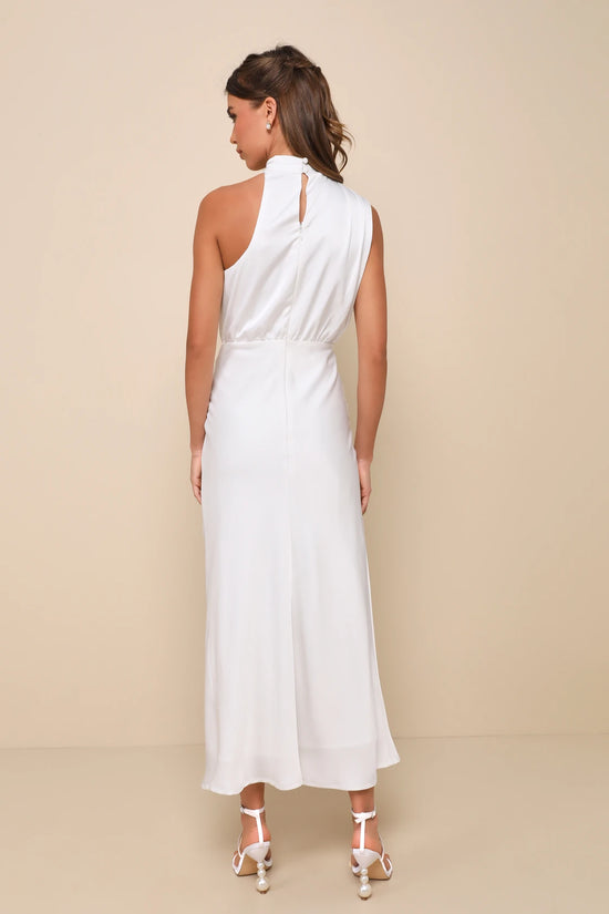 Back view of the Distinctive Charm White Satin Asymmetrical Midi Dress by Lulus, sold at Harbour Thread