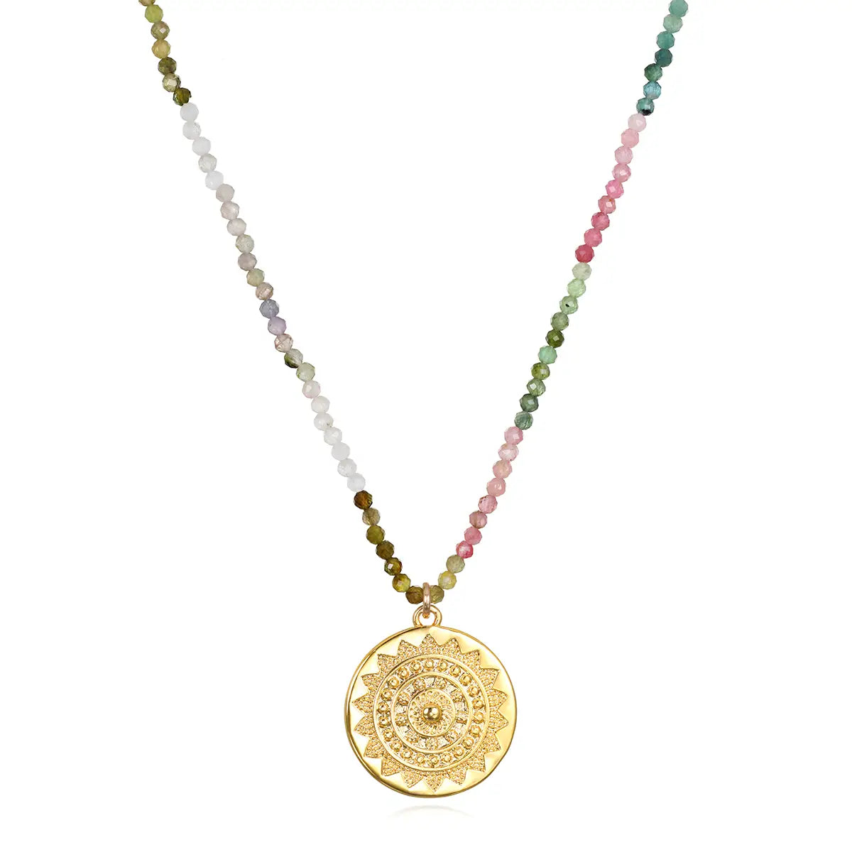 Gold plated sun medallion on a beaded watermelon tourmaline choker necklace