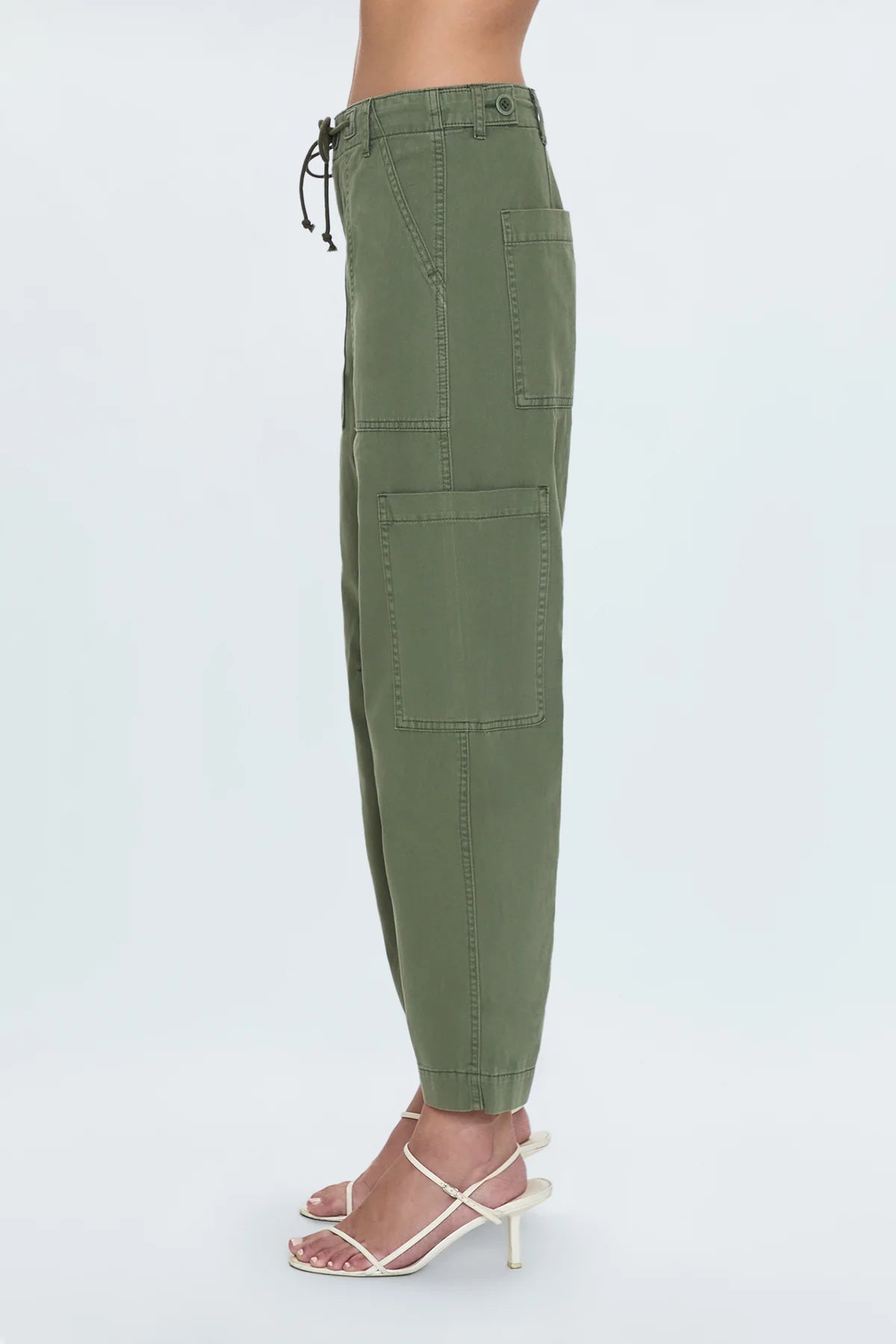 Green utility pants with drawstring waist