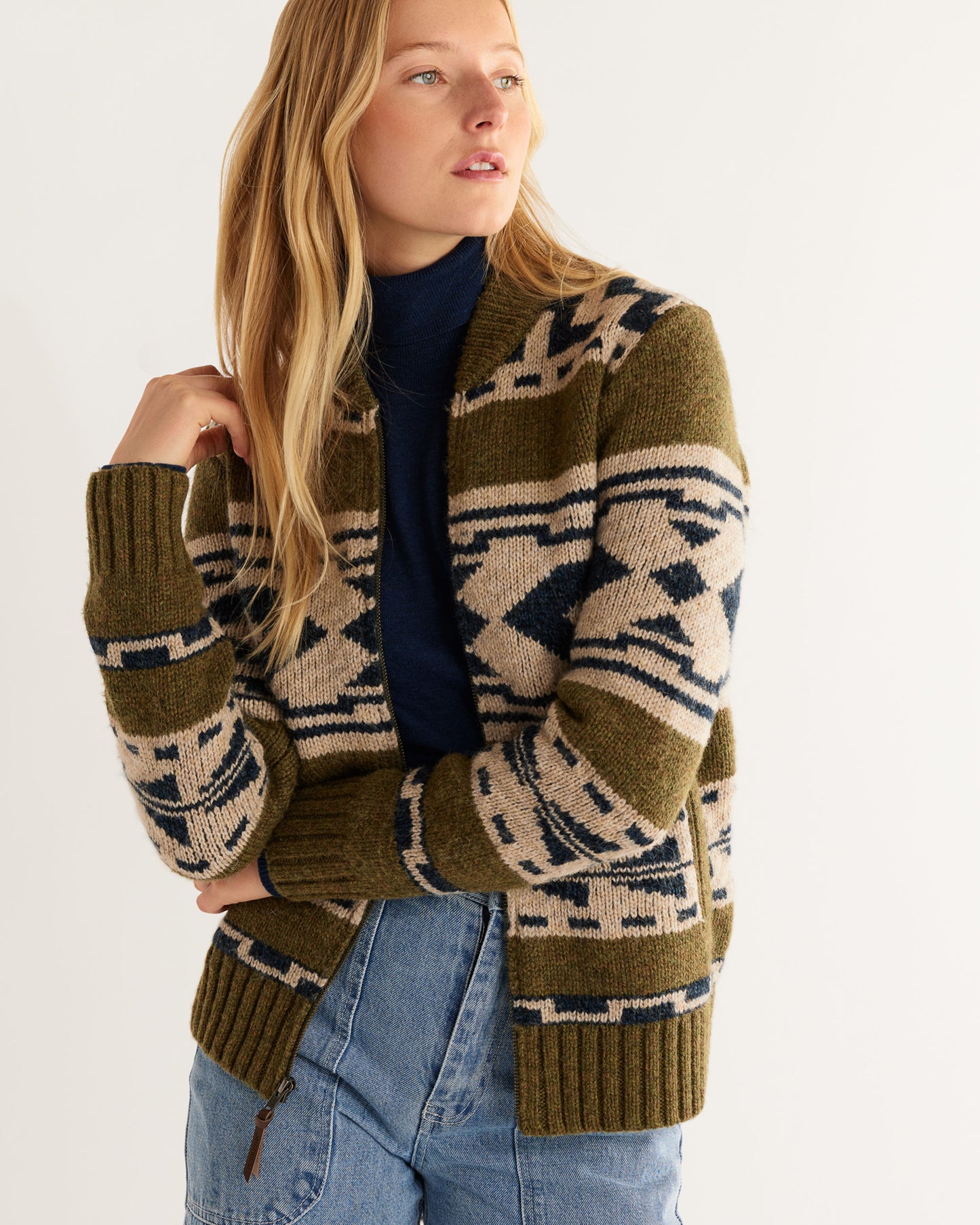 Pendleton Graphic Shetland Zip Sweater - Green Moss Multi