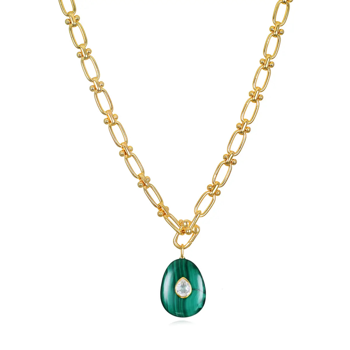 14k gold plated brass chain necklace with bezel set pear charm in malachite with white topaz