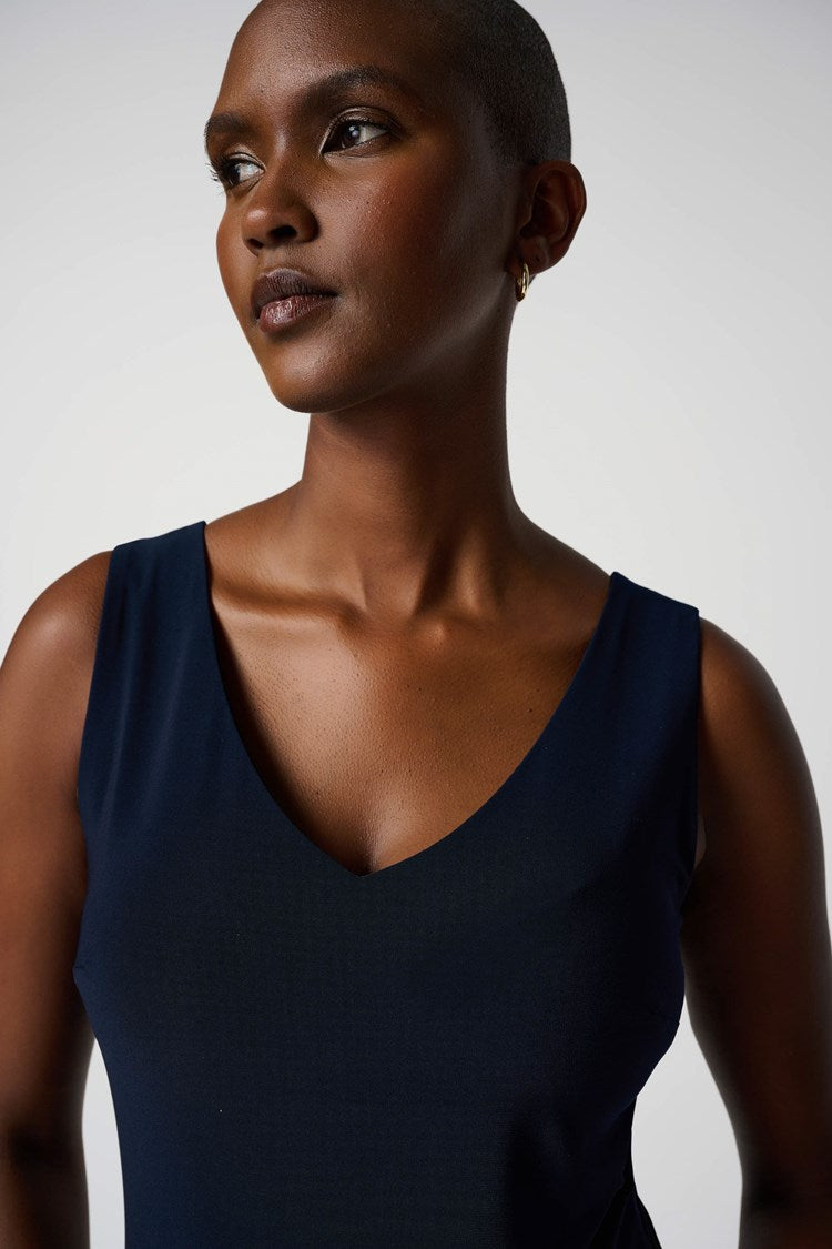 Closeup top view of Joseph Ribkoff's Classic V-Neck Cami in the color Midnight Blue