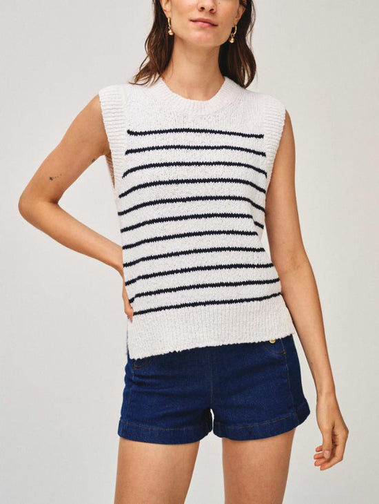 Front view of the White + Warren Rib Trim Shell Top in the colors Ivory and Navy