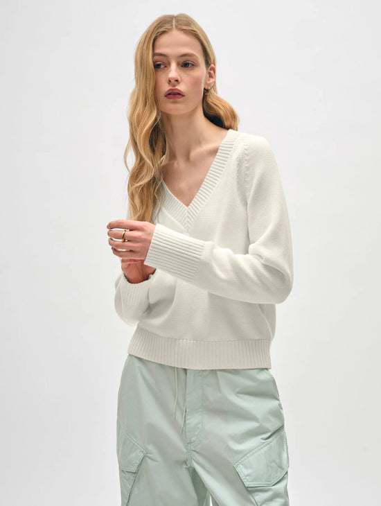 Front view of the White + Warren Organic Cotton V Neck Sweater in the color White