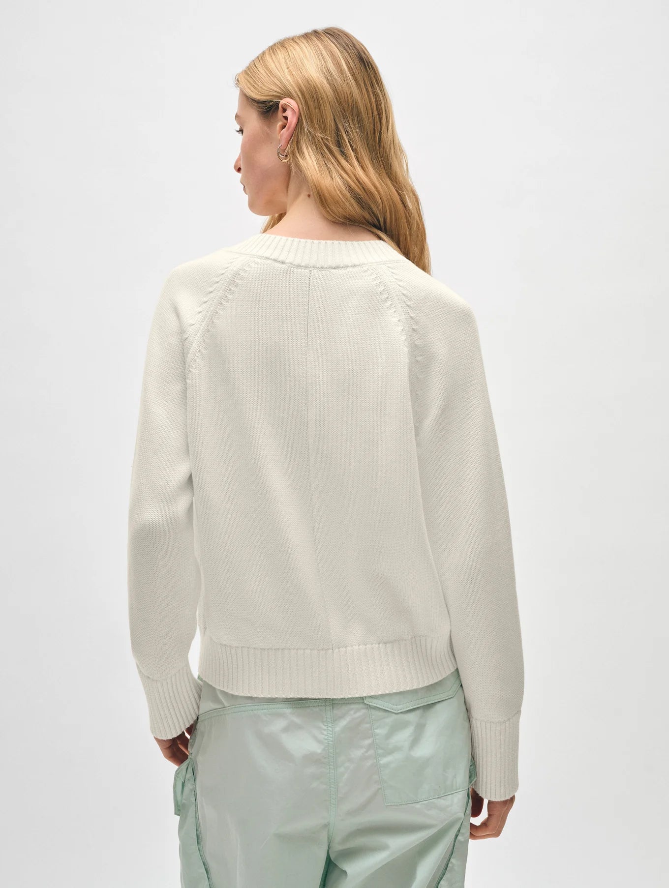 Back view of the White + Warren Organic Cotton V Neck Sweater in the color White
