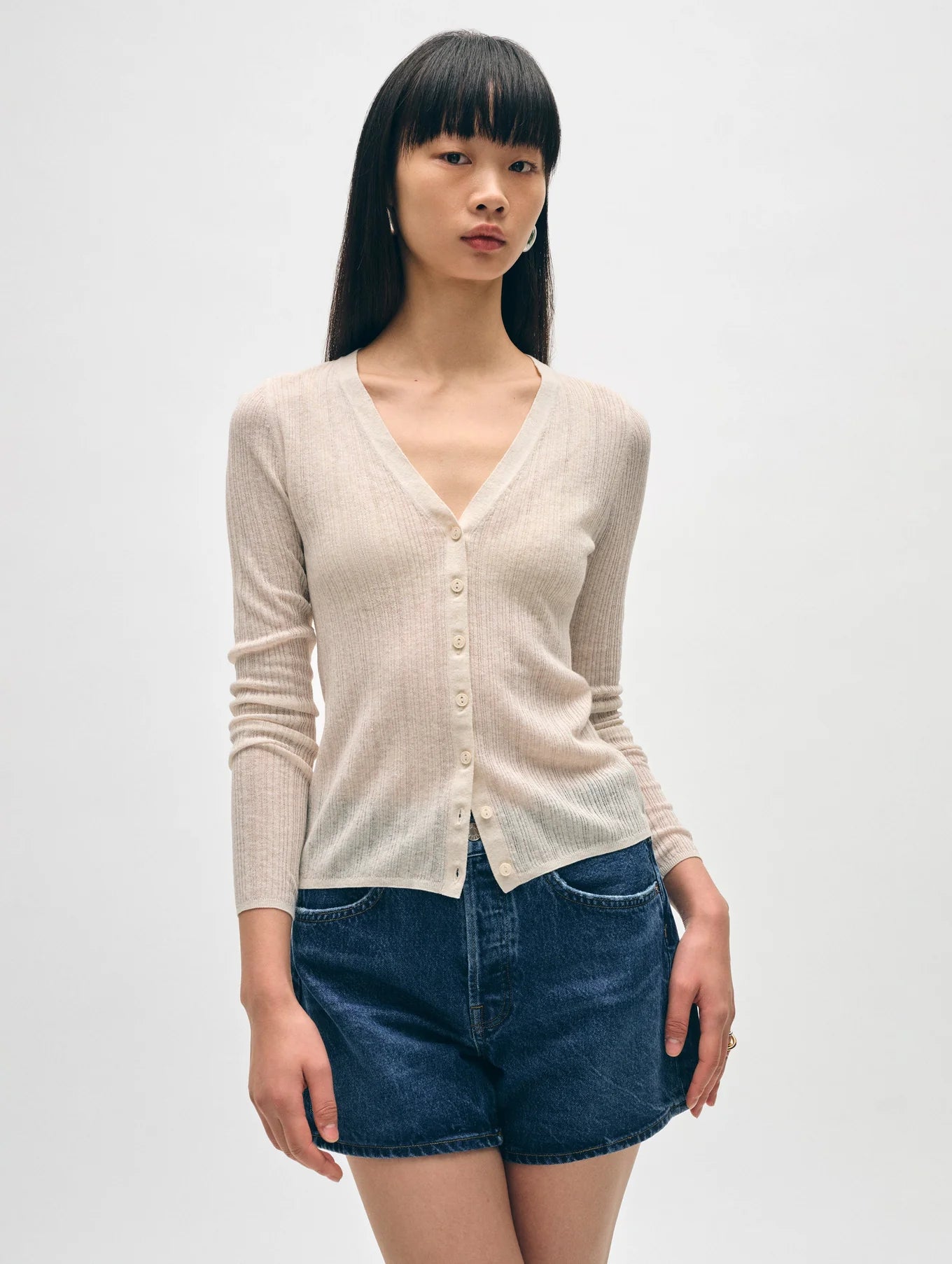 White and Warren's Linen Gauze Ribbed V Neck Cardigan in the color Calico