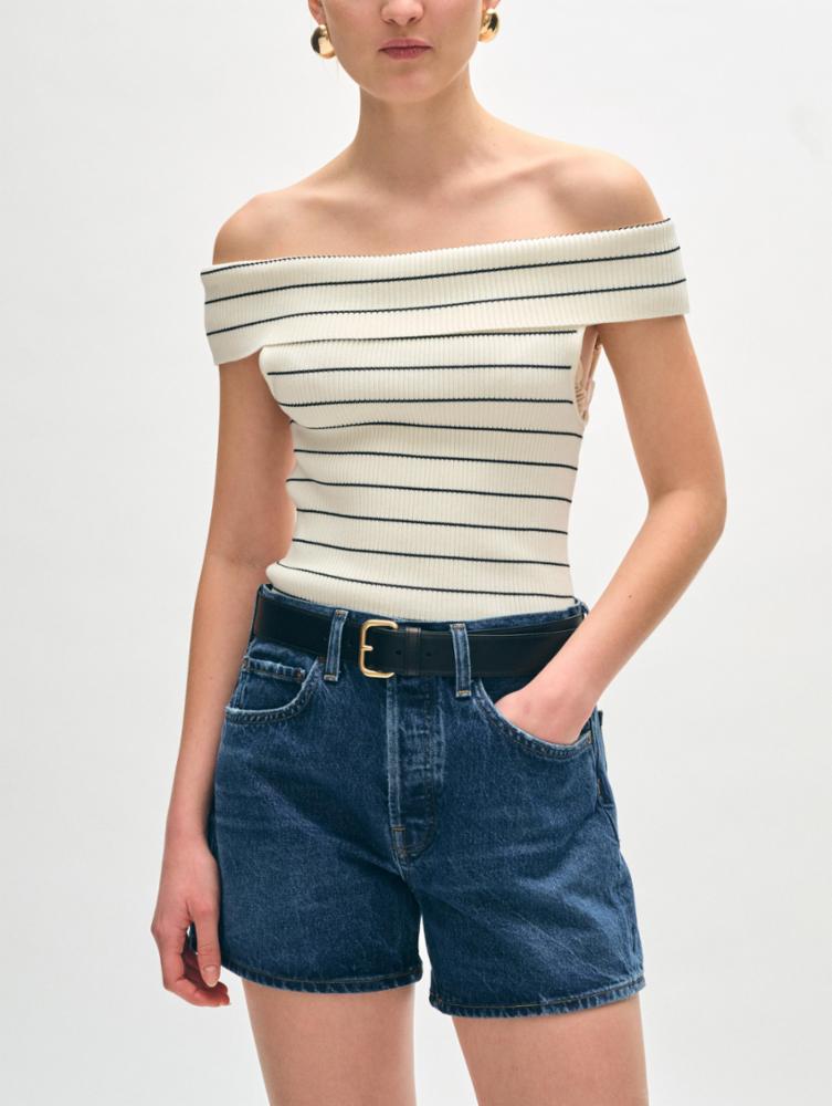 White + Warren's Off The Shoulder Knit White Top with thin black stripes