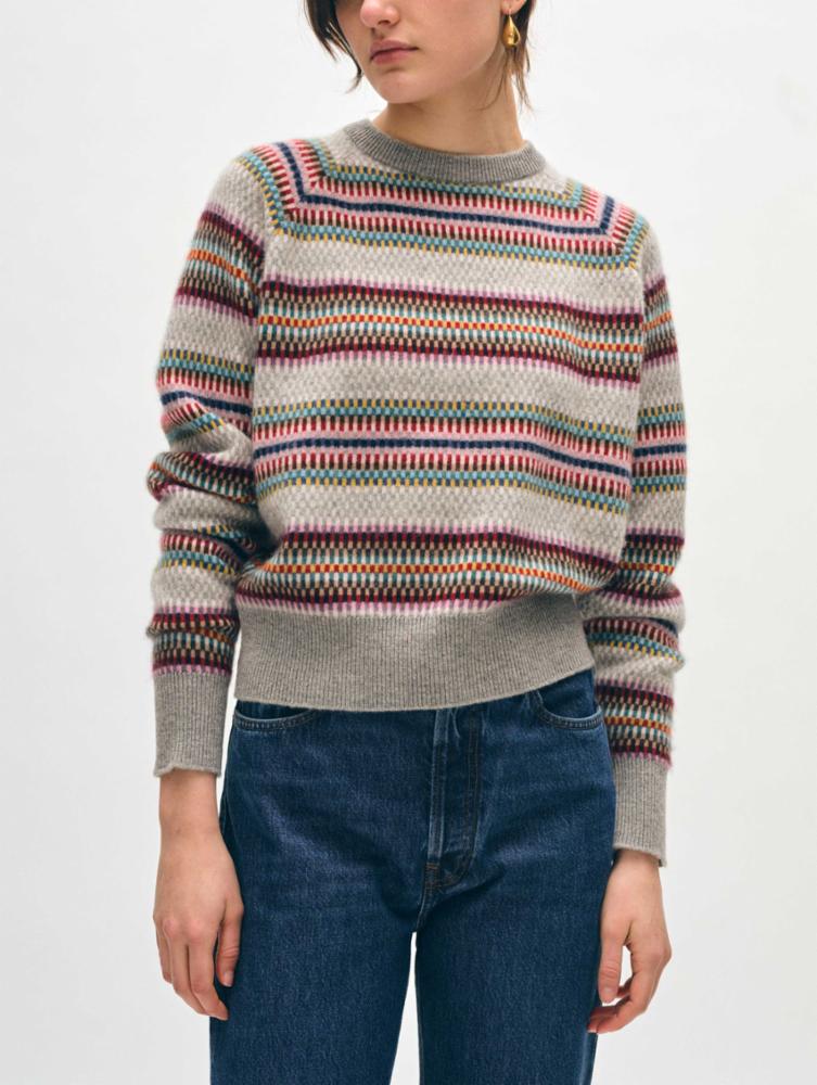 White + Warren Cashmere Striped Multi Check Sweatshirt