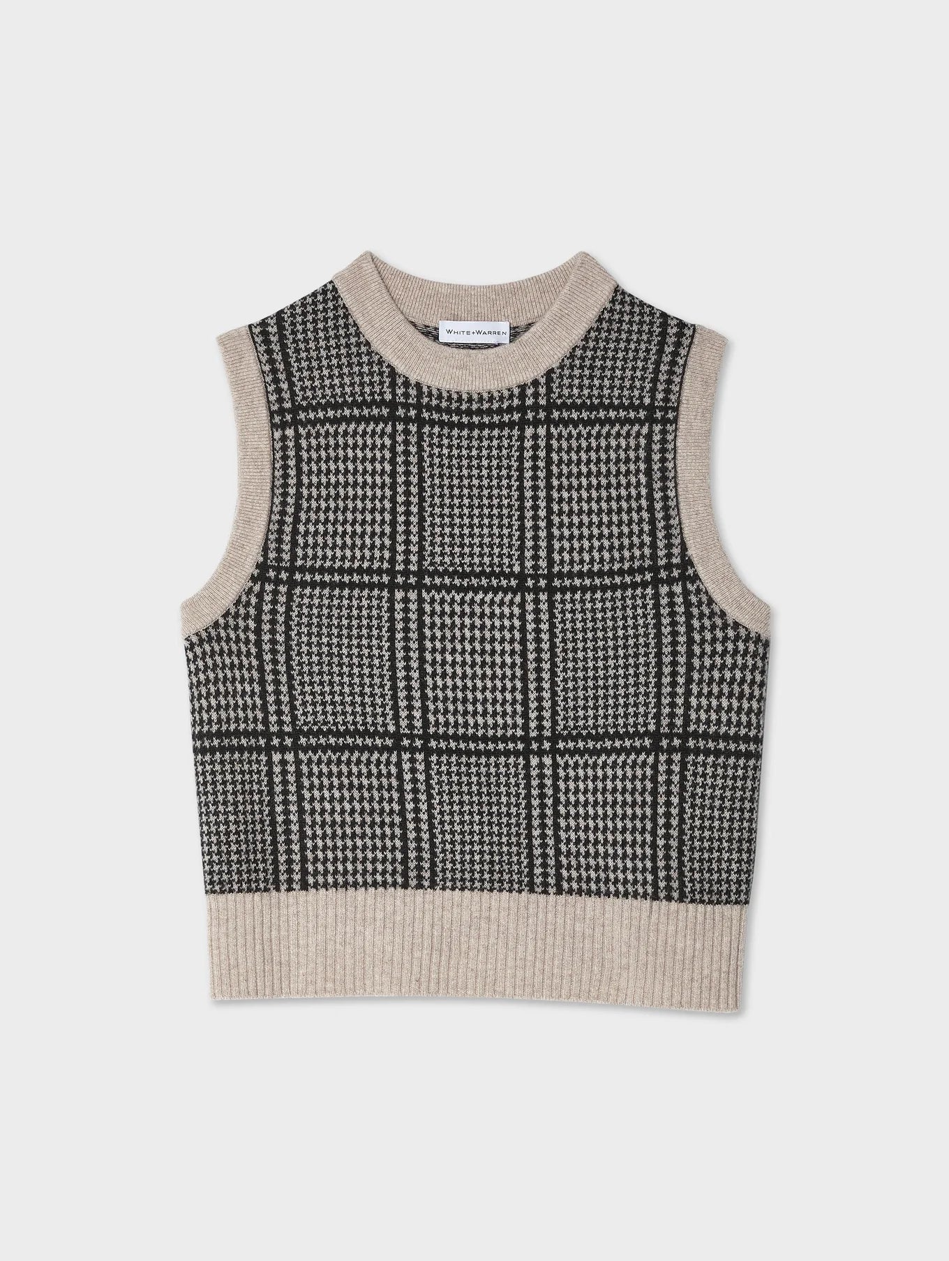 White + Warren Cashmere Brushed Houndstooth Shell - Sandwisp/Black