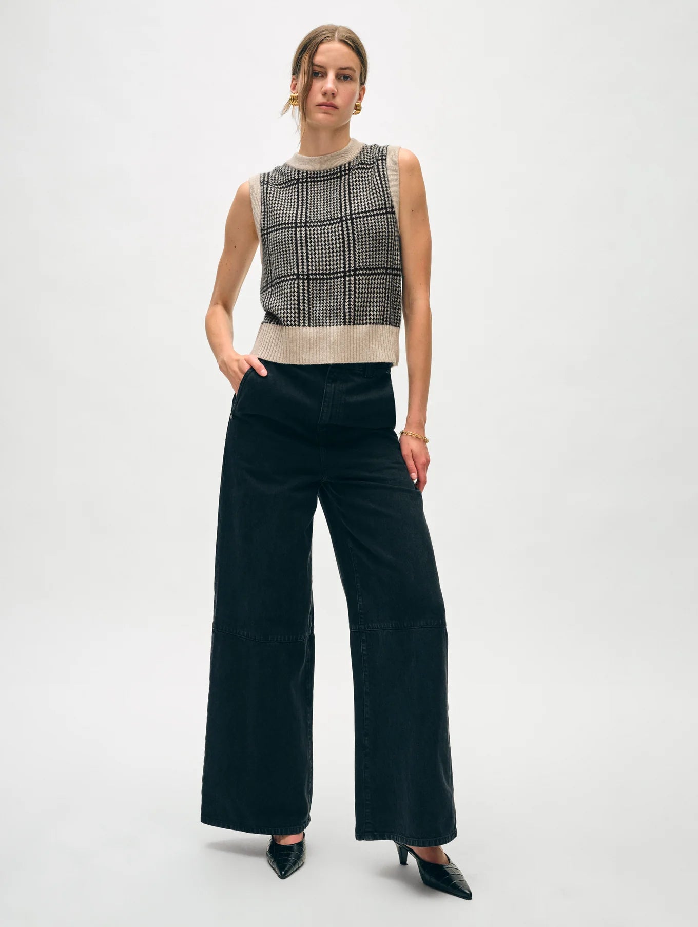 White + Warren Cashmere Brushed Houndstooth Shell - Sandwisp/Black
