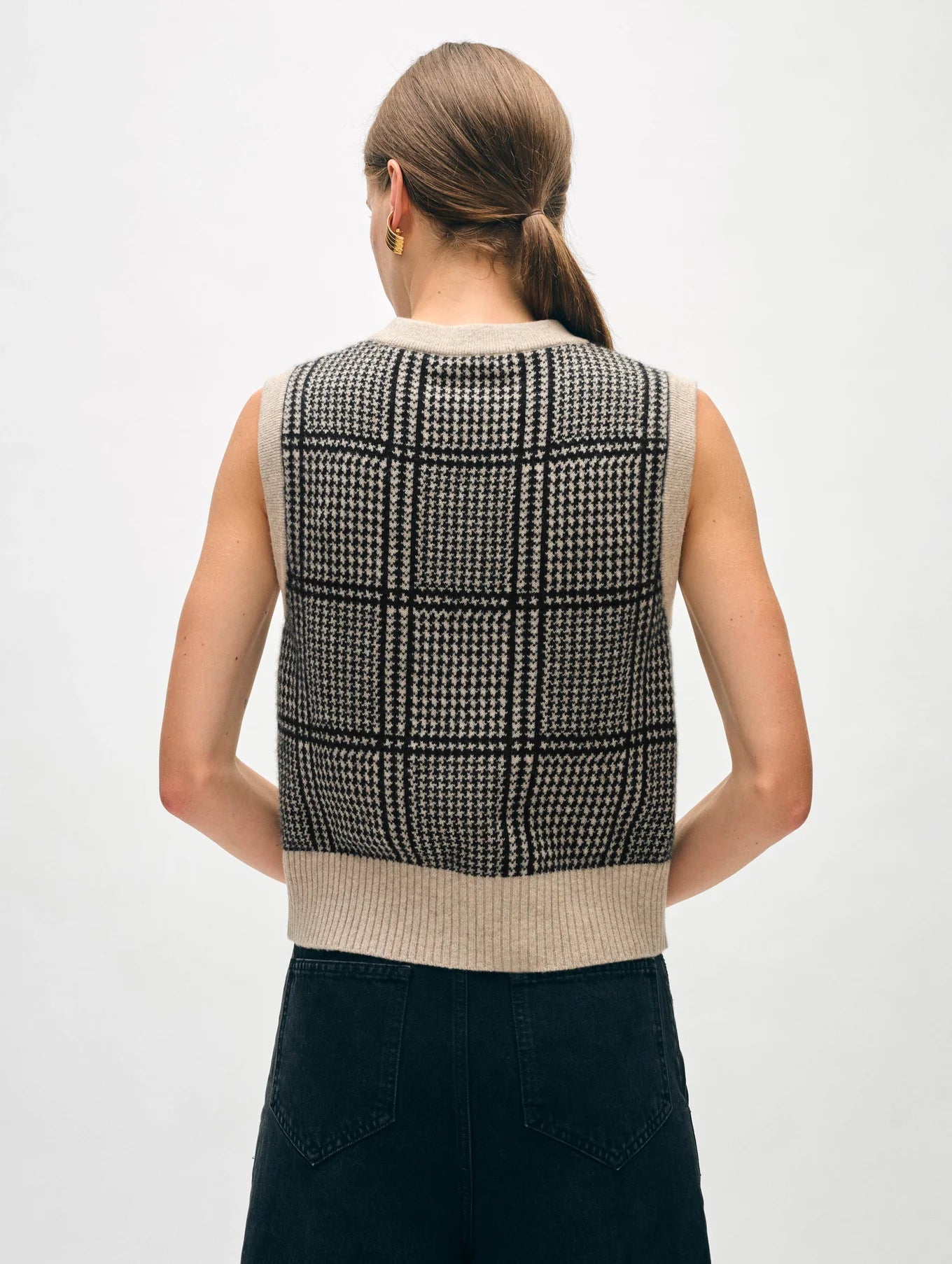 White + Warren Cashmere Brushed Houndstooth Shell - Sandwisp/Black