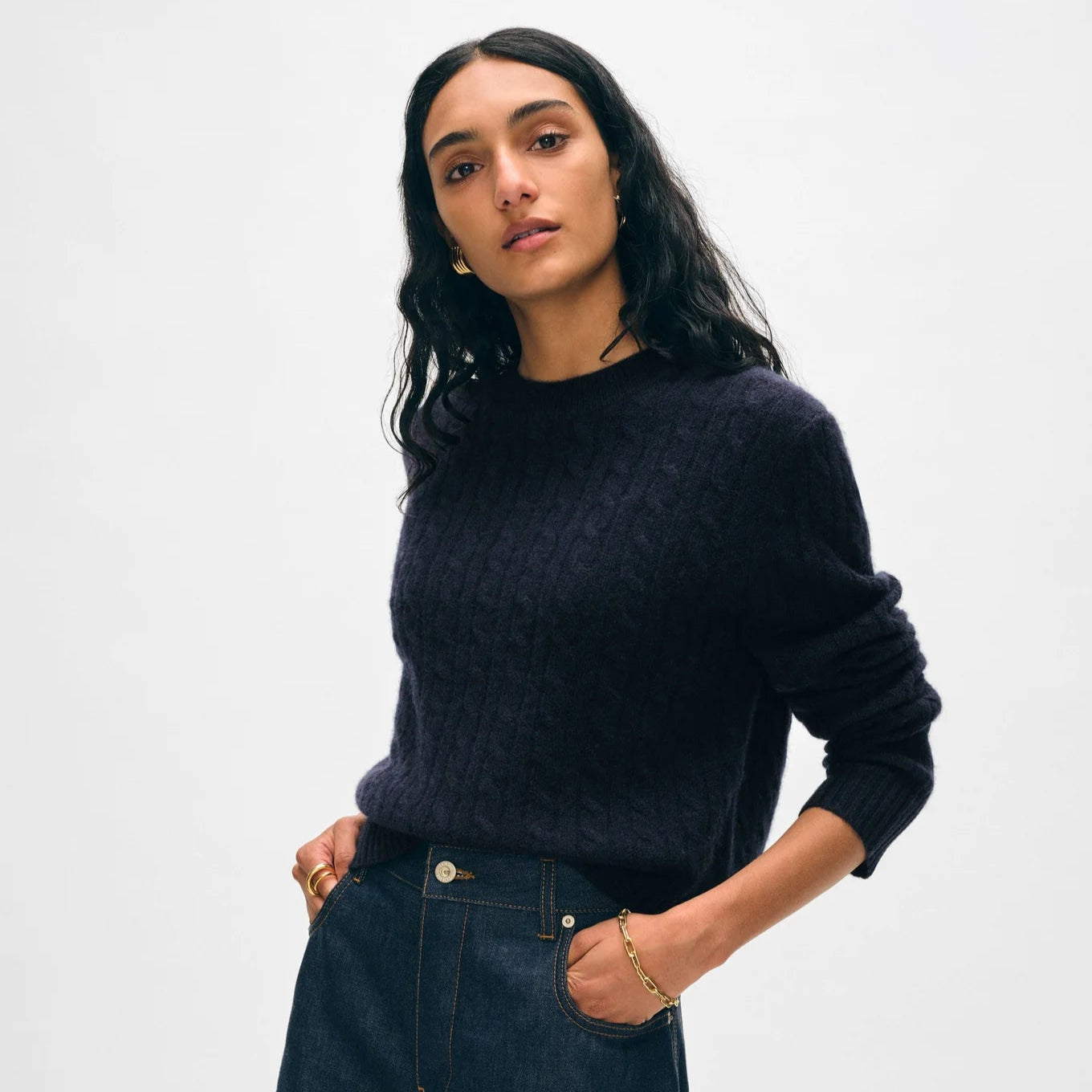 The Deep Navy Cashmere Cable Crewneck by White + Warren