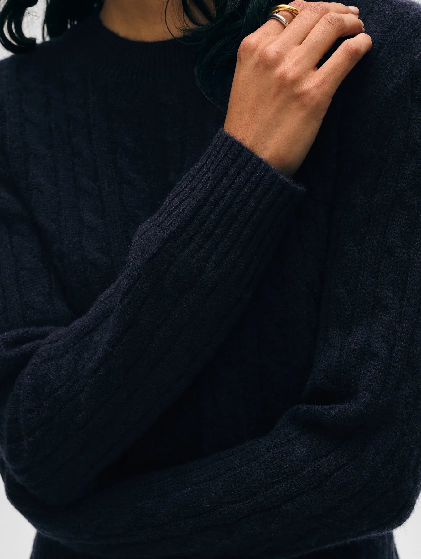 Design detail on the Deep Navy Cashmere Cable Crewneck by White + Warren