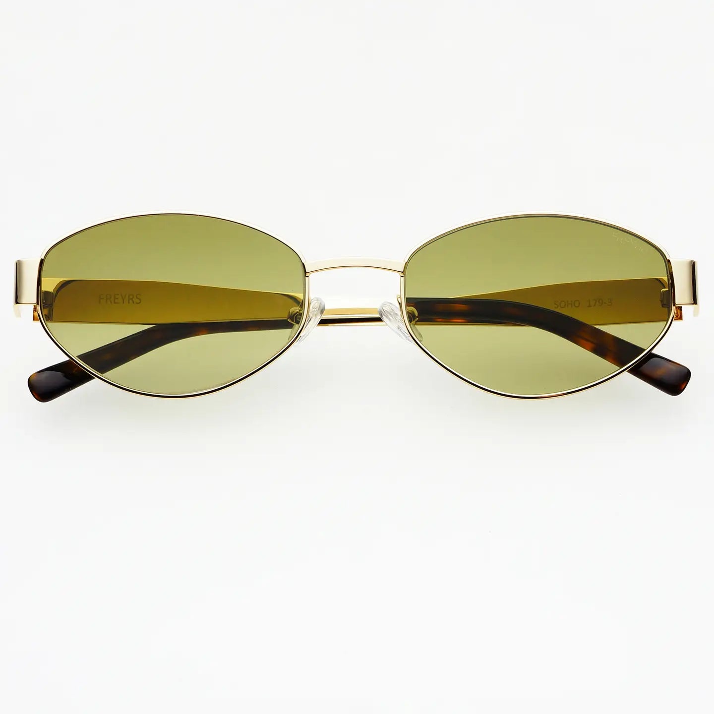 Gold-framed sunglasses with green lenses on a white background