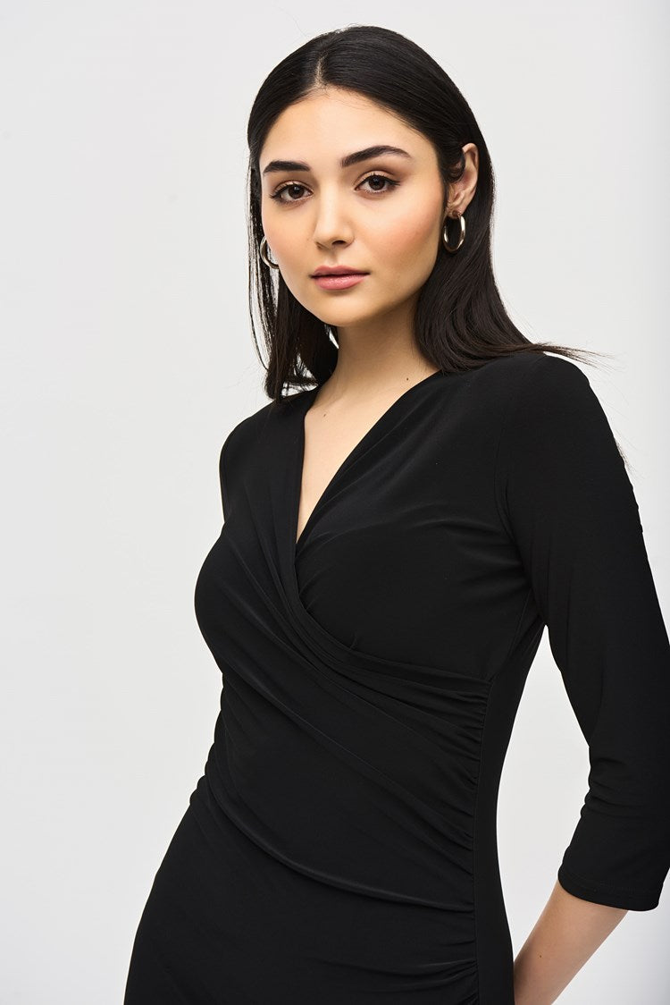 Front design detail on the Black Three-Quarter Sleeve Wrap Dress by Joseph Ribkoff
