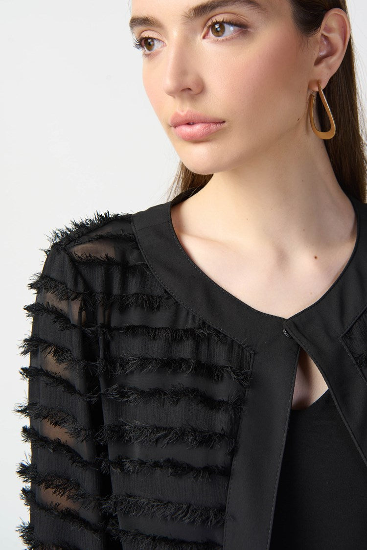 Closeup detail view of the Joseph Ribkoff Novelty and Georgette Fitted Jacket in the color Black