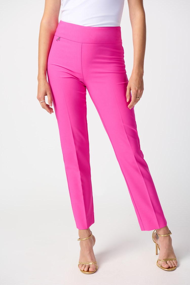 Front view of Joseph Ribkoff's Ultra Pink Lux Twill Slim-Fit Pull-On Pants