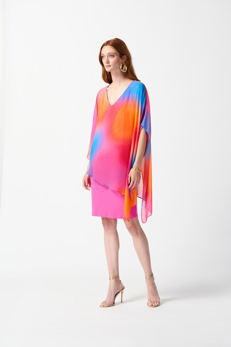 Side  view of the Joseph Ribkoff Chiffon Multi-Colored Ombré Print Layered Poncho Dress