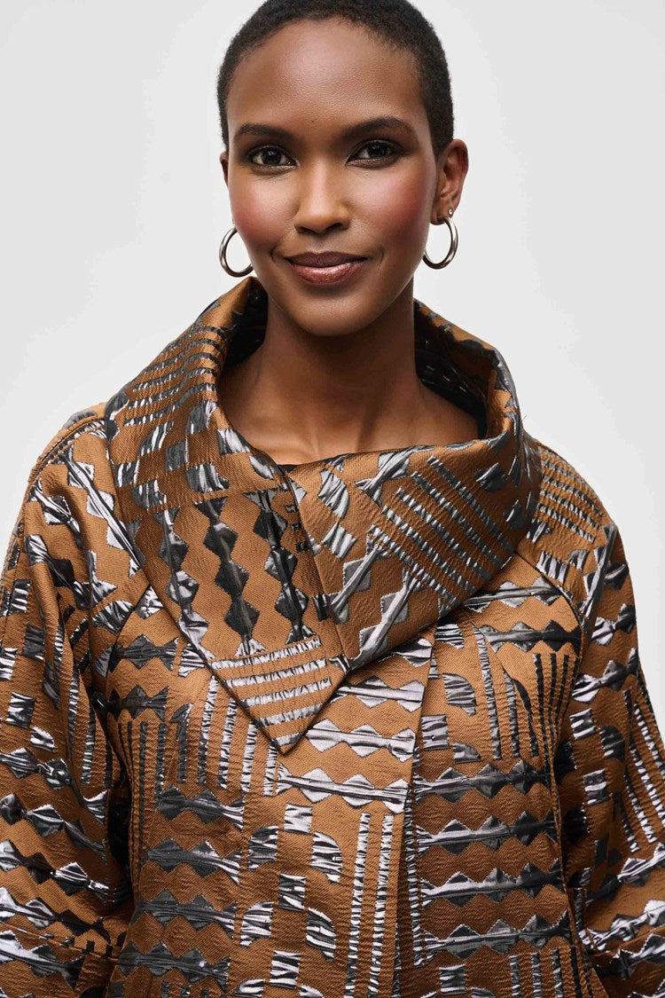 Front design detail on the Jacquard Geometric Print Cocoon Coat by Joseph Ribkoff