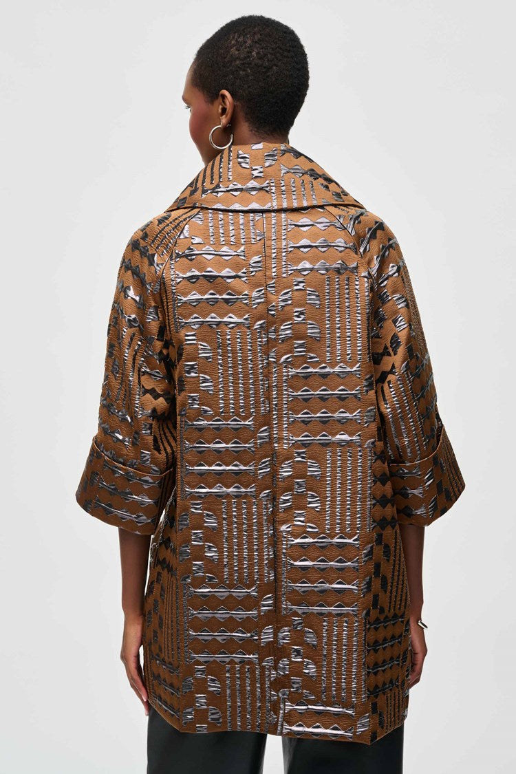 Back view of the Jacquard Geometric Print Cocoon Coat by Joseph Ribkoff
