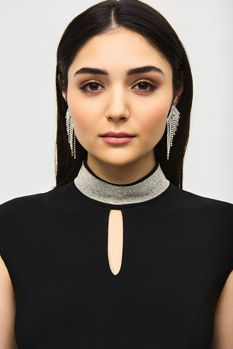 Front design detail on the Black Silky Knit Embellished Collar Fitted Dress by Joseph Ribkoff