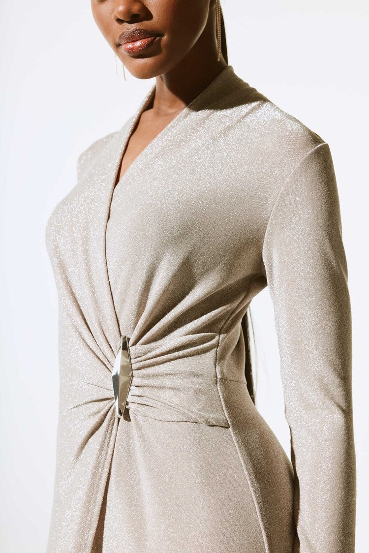 Front design detail on the Shiny Knit Wide Leg Jumpsuit by Joseph Ribkoff
