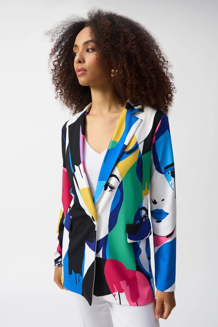 Make a bold statement with the Silky Knit Face Print Straight Blazer by Joseph Ribkoff. Its vibrant colorways, combined with a classic single-button closure and a sophisticated notched collar, create a truly unique look.