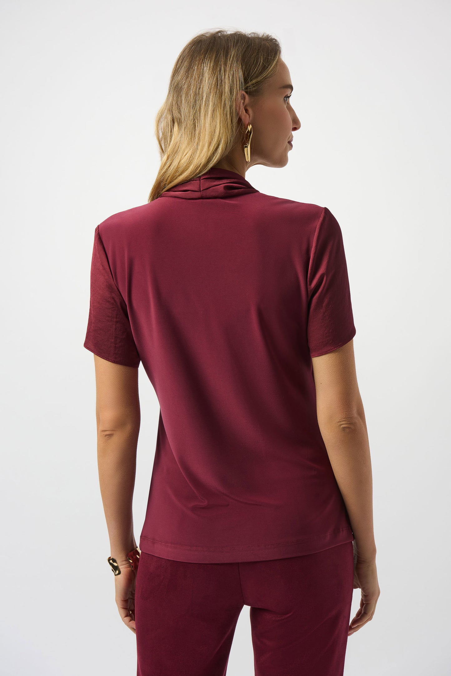 Find holiday tops at Harbour Thread boutique! New arrivals include the Joseph Ribkoff Recycled Satin And Silky Knit Wrap Top in Merlot