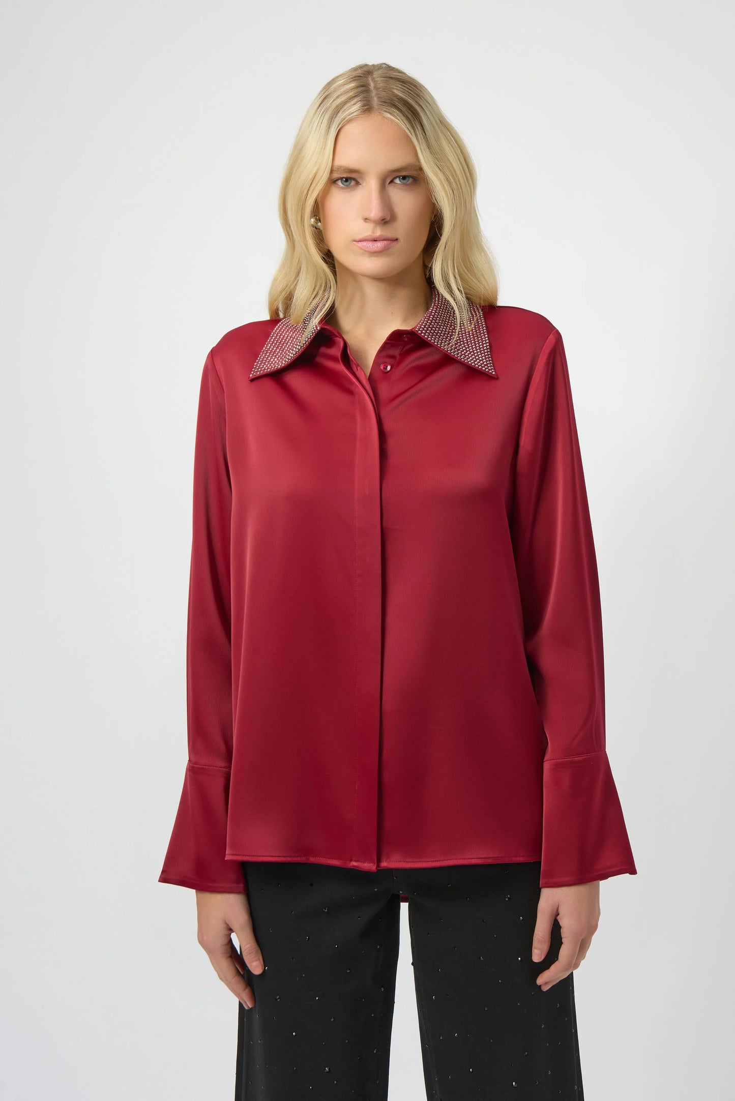 Joseph Ribkoff Satin Button-Front Blouse with Embellished Collar