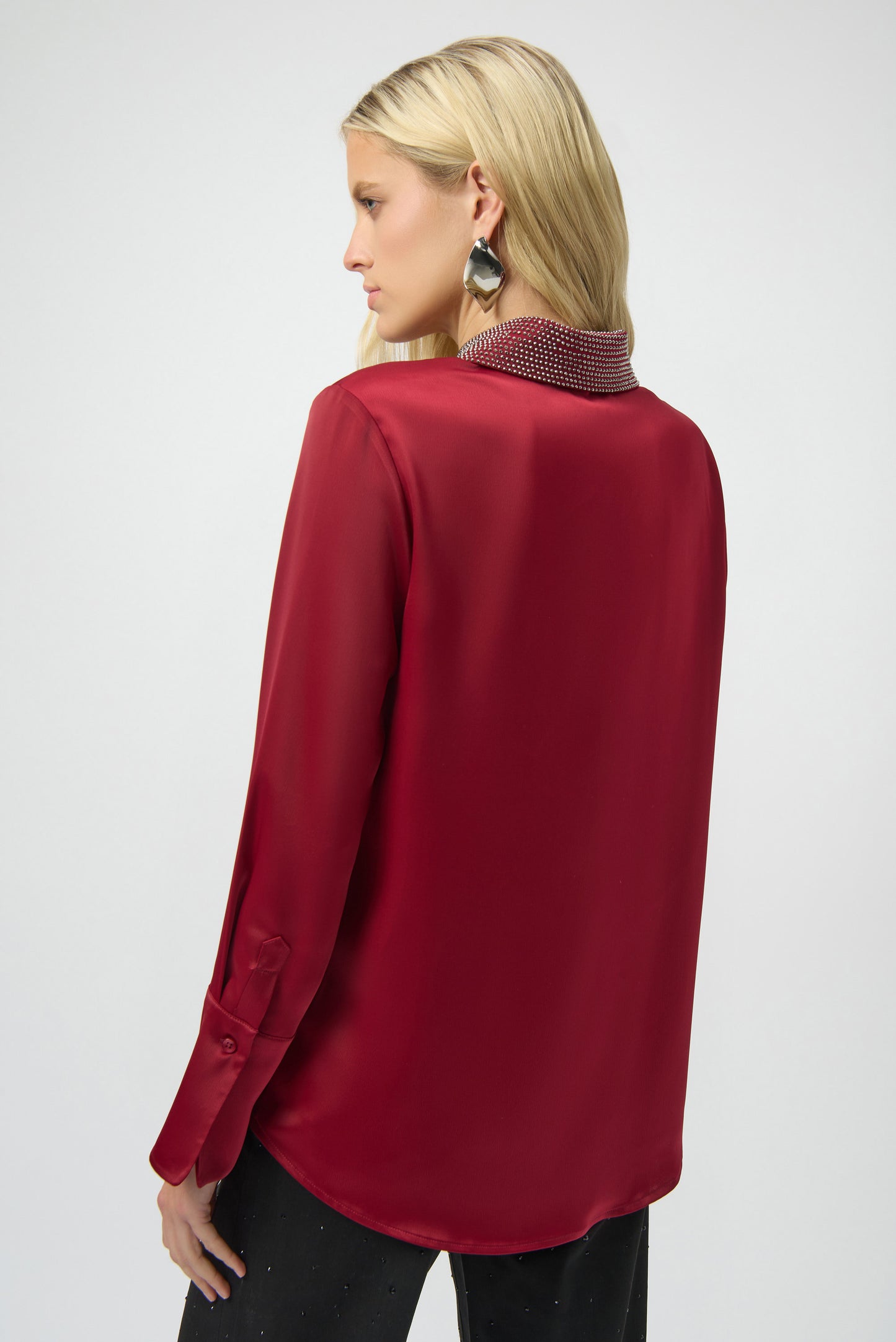 Joseph Ribkoff Satin Button-Front Blouse with Embellished Collar