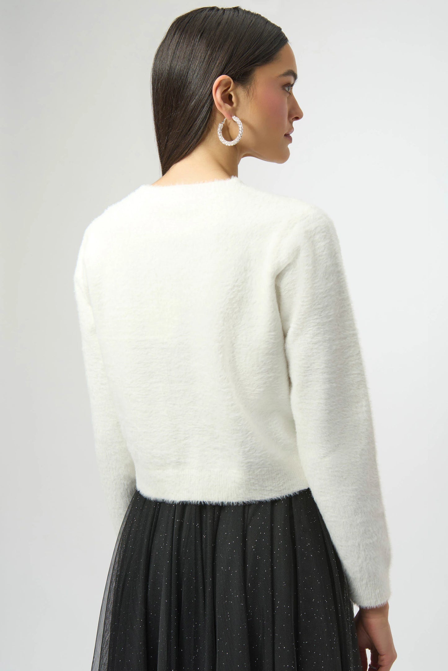 Joseph Ribkoff Feather Yarn Cardigan with Rhinestone Bow