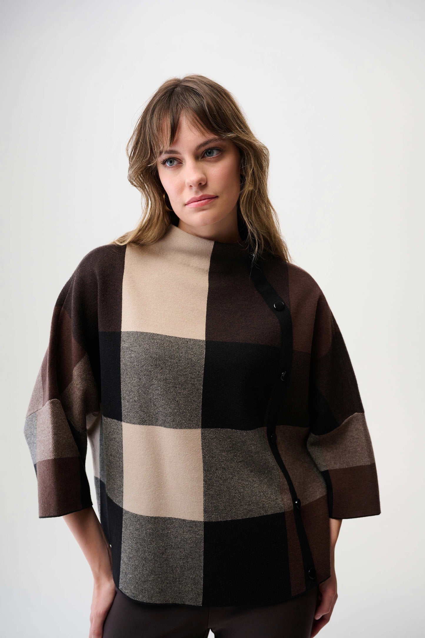 Joseph Ribkoff Brushed Viscose Plaid Print Boxy Sweater with Funnel Neck