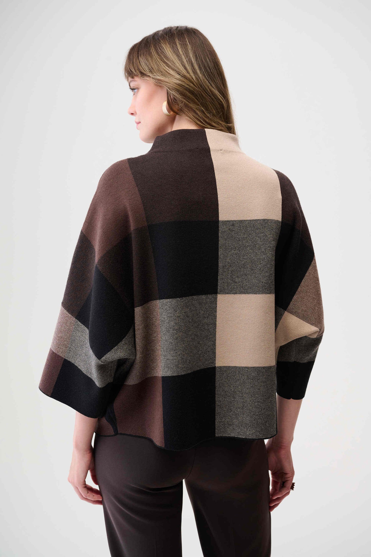 Joseph Ribkoff Brushed Viscose Plaid Print Boxy Sweater with Funnel Neck