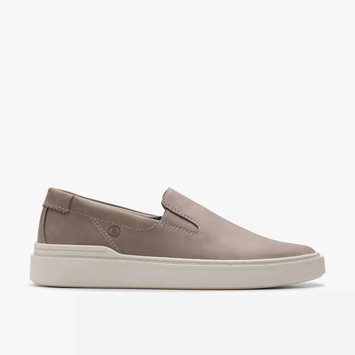 Side view of the Clarks Craft Swift Go Slip-On Shoe in the color Grey Nubuck