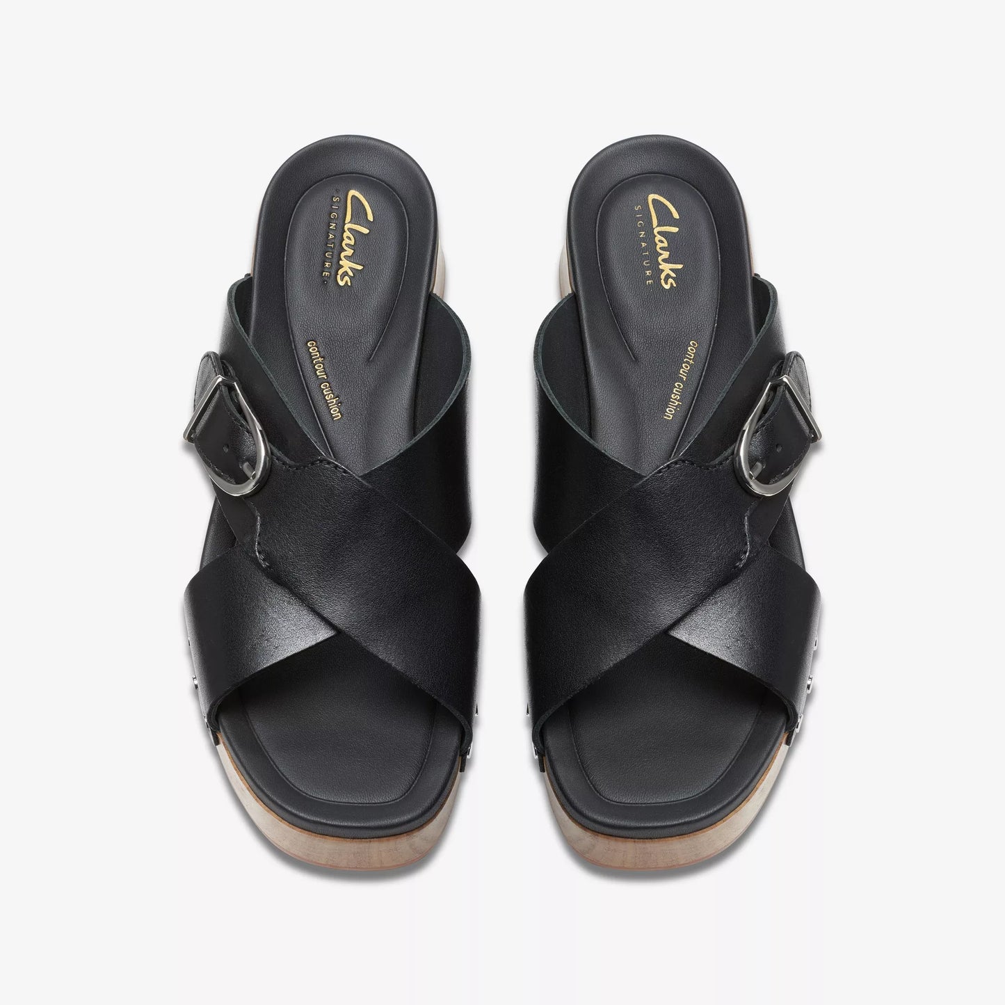 top view of Clark's black leather Sivanne Clog Sandal
