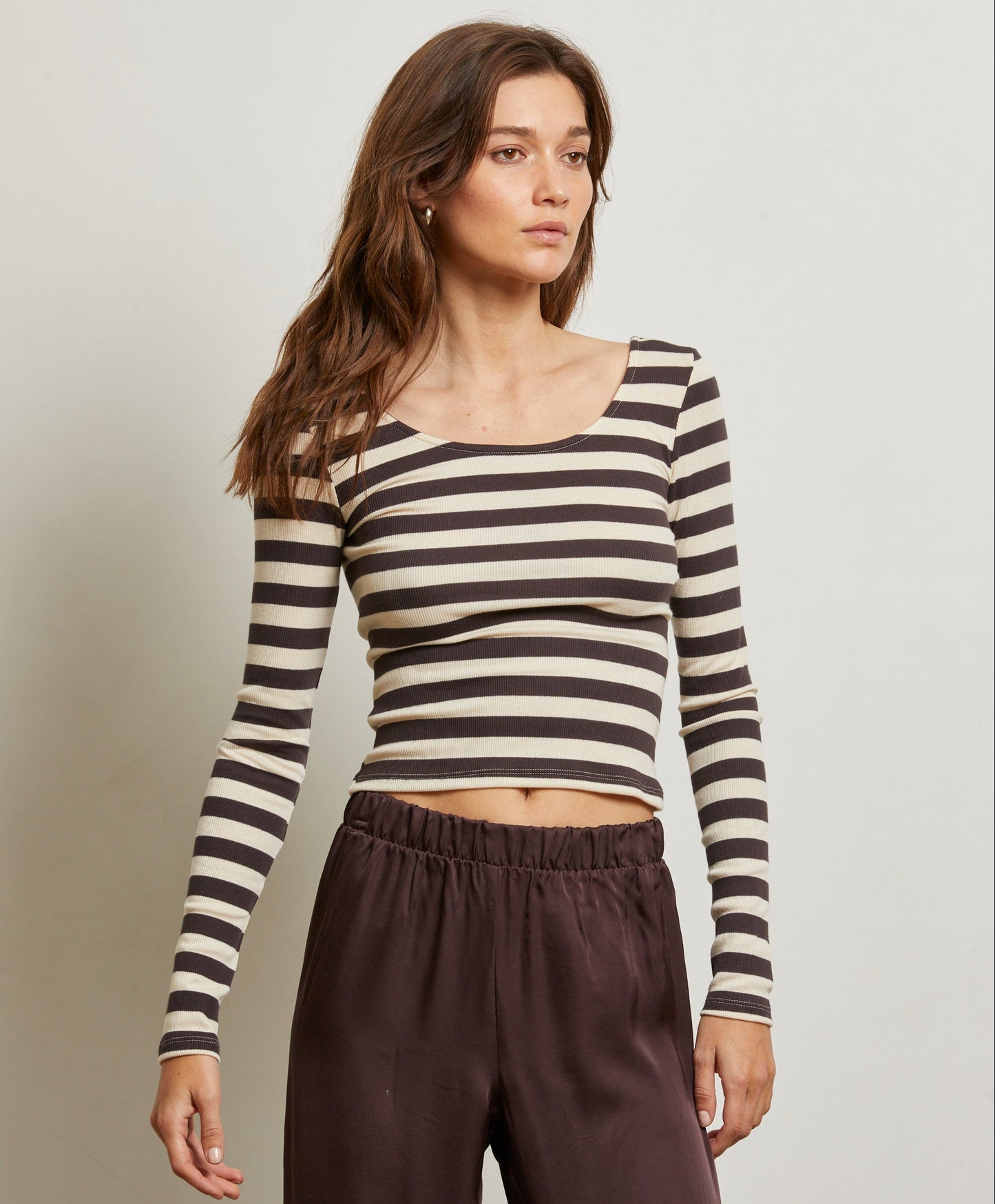 The Perfect White Tee Anya Long Sleeve Top in the color Mocha Stripe