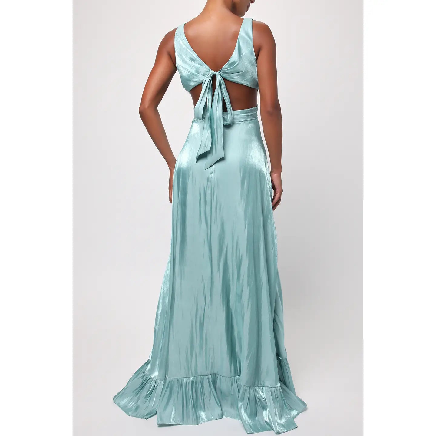 Teal maxi dress with ruffle trim, back cutout and tie detail