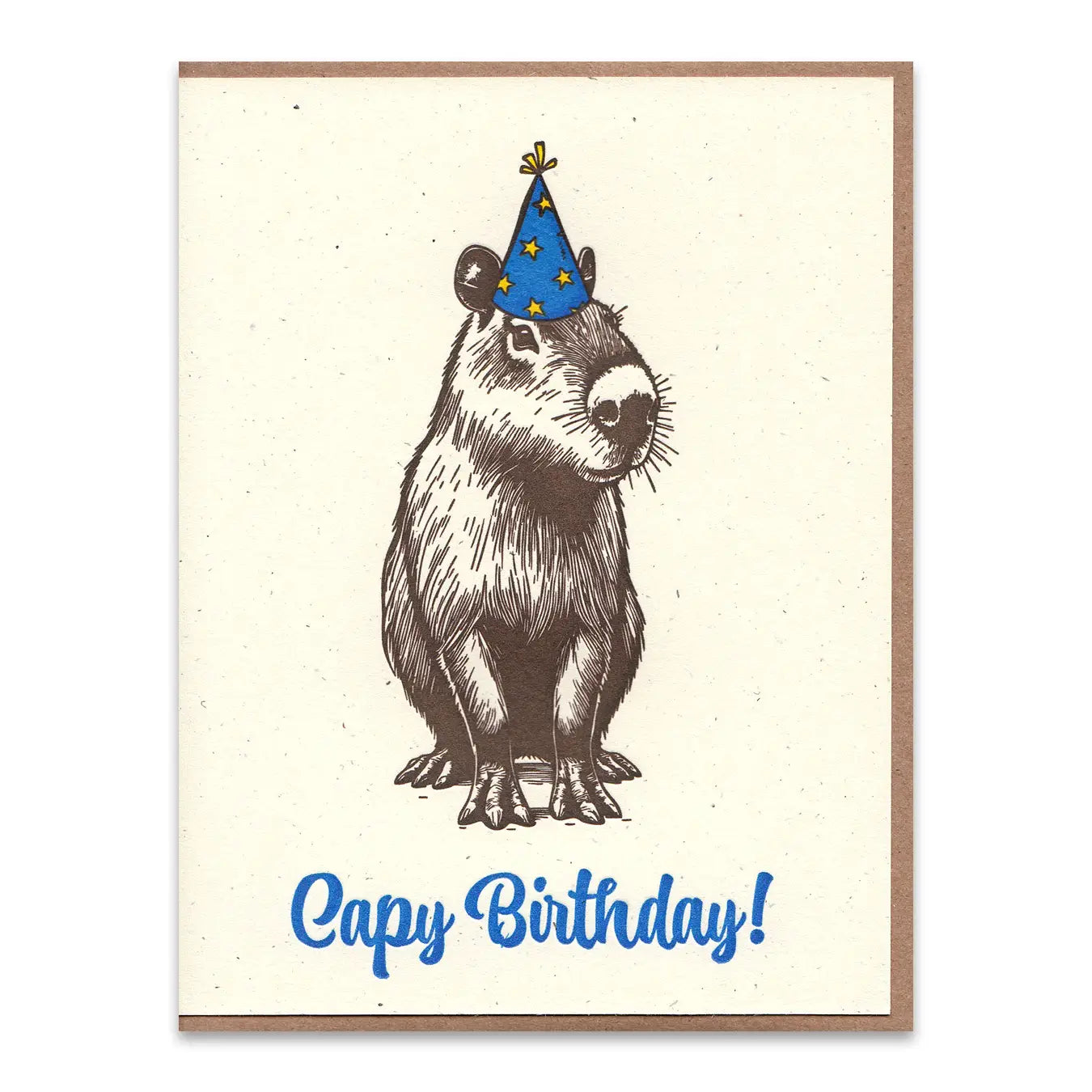 Card with a capybara wearing a party hat and 'Capy Birthday!' text on a beige background