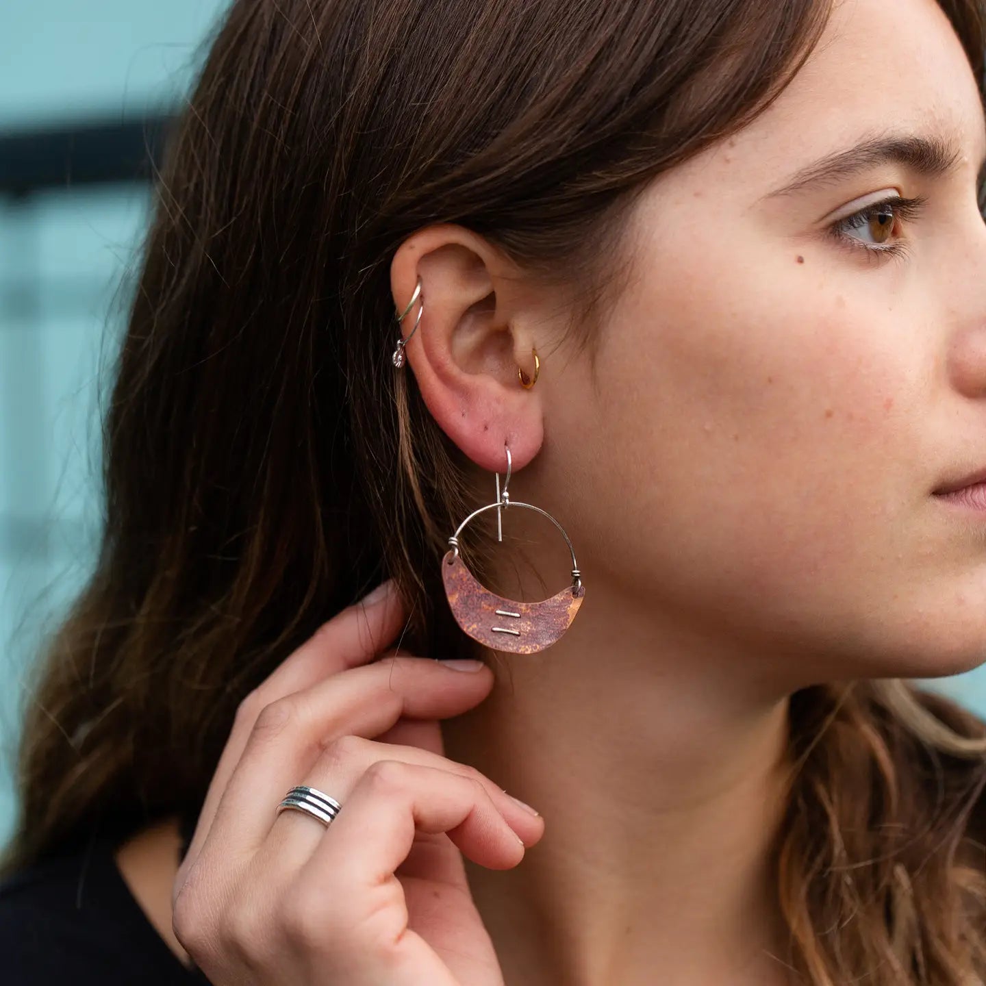 Jennifer Kahn Small Stitched Copper Crescent Earrings