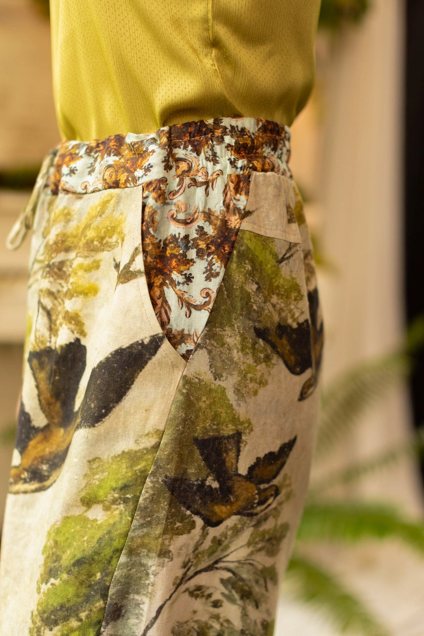 Floral and bird pattern pants