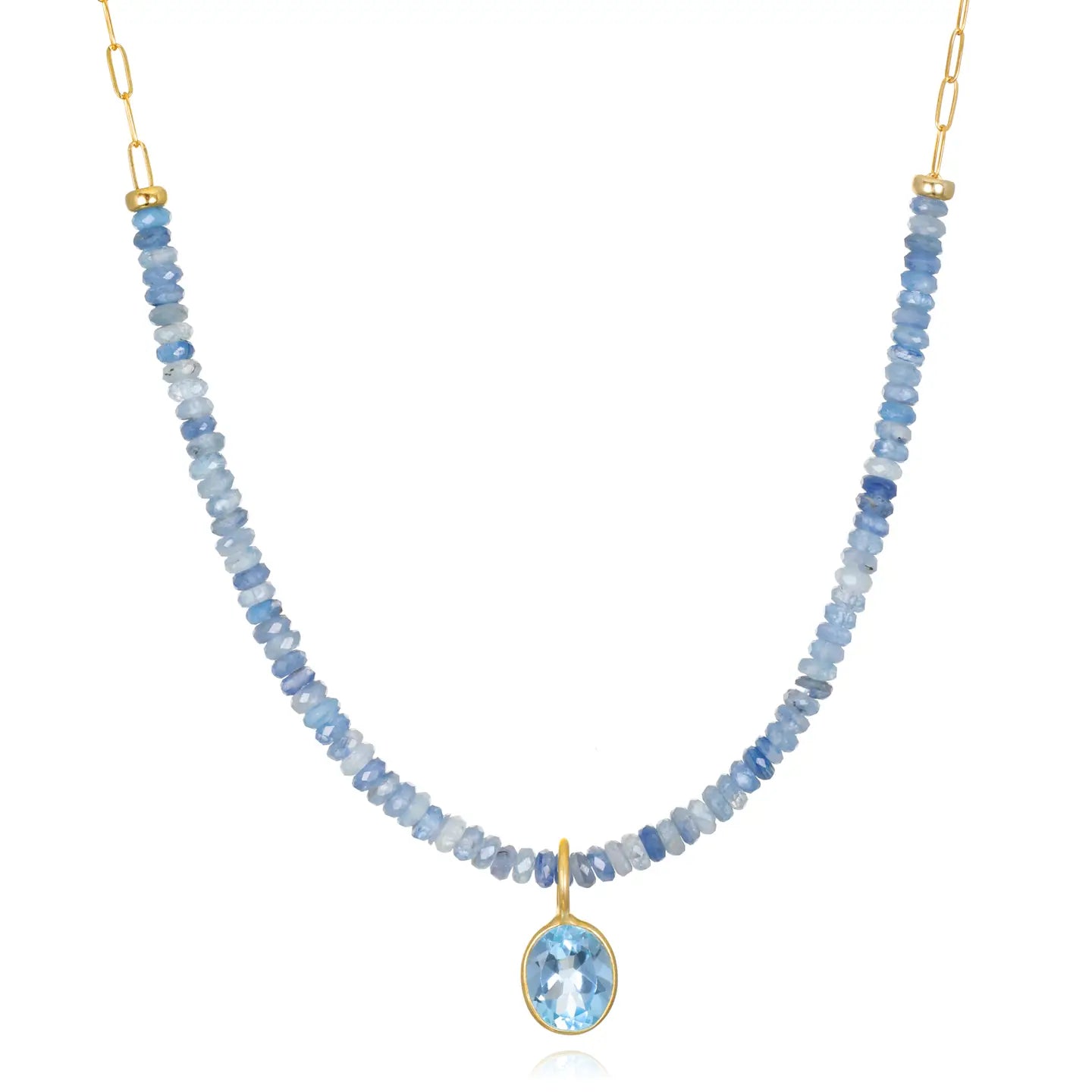 14k gold filled paperclip chain necklace with Kyanite beads with a center bezel set Blue Topaz