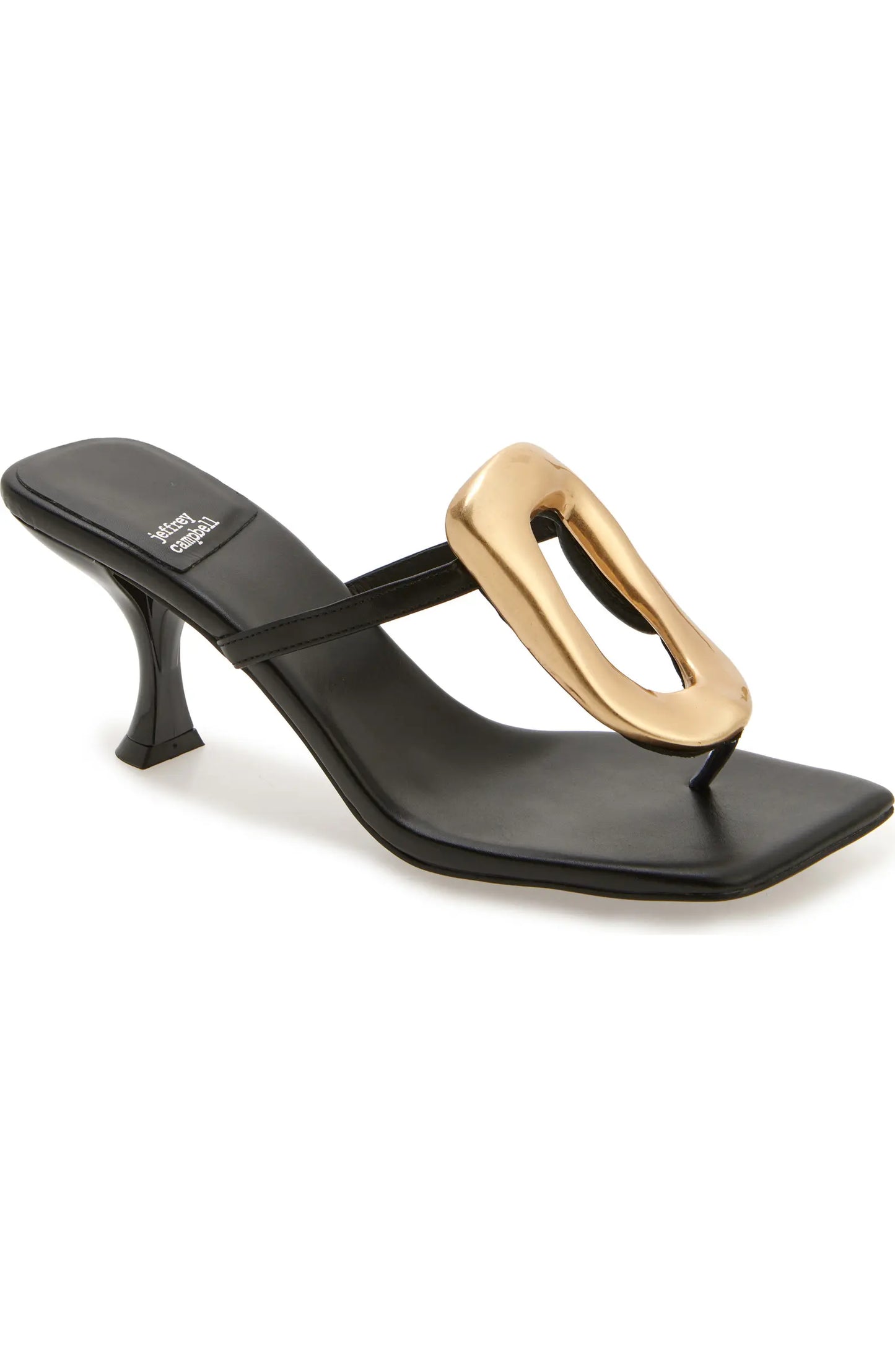 Shop the black and gold Linq Heeled Thong Sandals by Jeffrey Campbell at Harbour Thread.