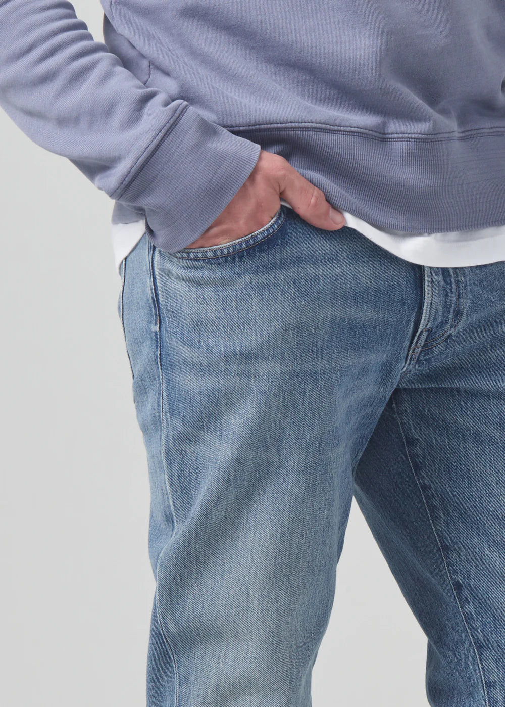 Closeup detail view of the medium indigo Citizens Of Humanity Gage Slim Straight Archive Men's Jeans