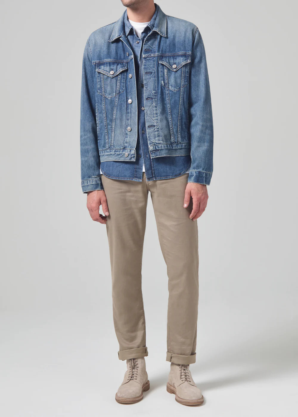 Front view of the Citizens Of Humanity Gage Slim Straight Stretch Linen in the dark khaki color Dune