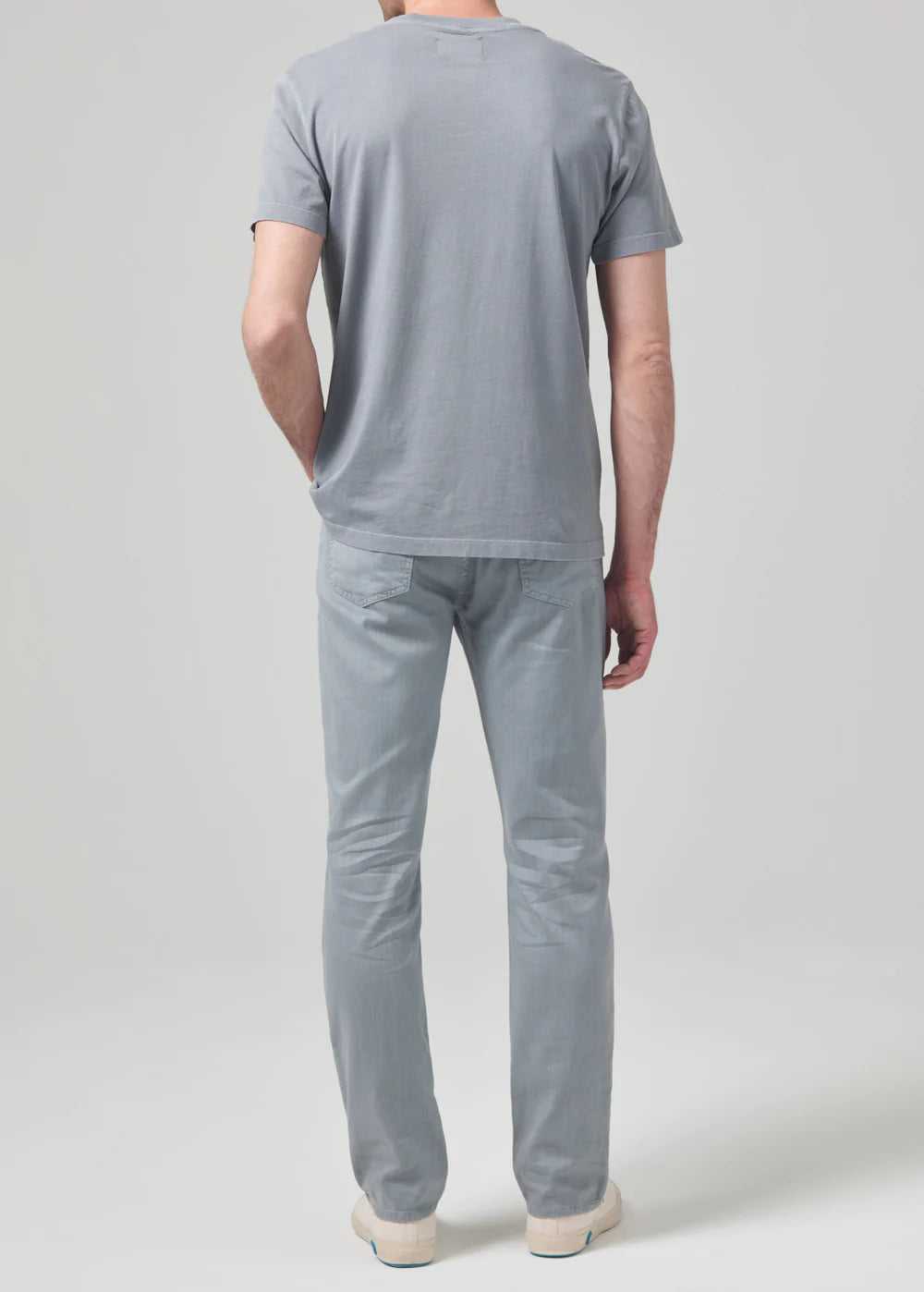 Back view of the Citizens Of Humanity washed out blue grey Gage Slim Straight Stretch Linen men's pants