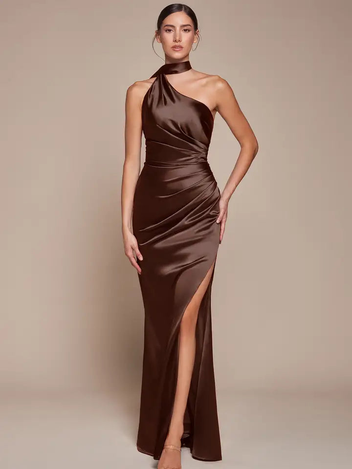 brown fitted satin dress One Shoulder Luxe Gown dark brown silk dress